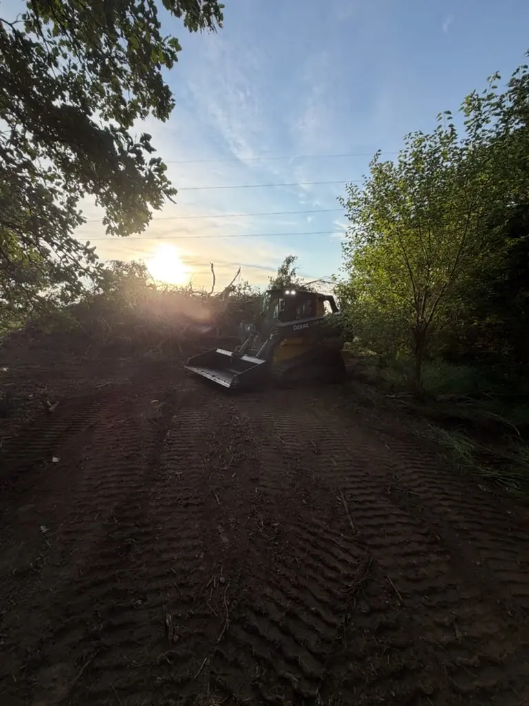 John Deere skid steer on cleared ground at sunset